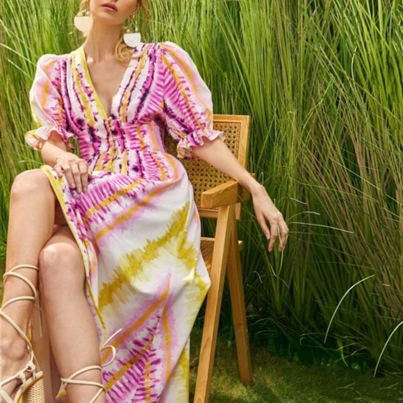 Tie Dye Puff Sleeve Button Down Maxi Dress - Picture 8 of 9